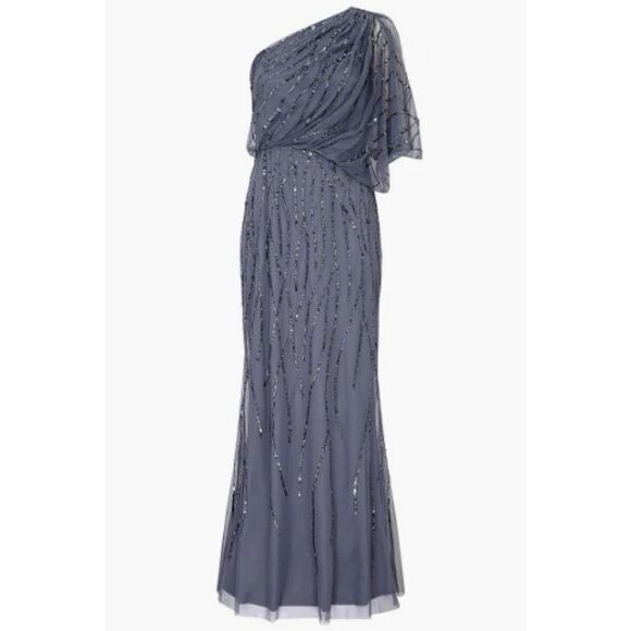 Adrianna Papell Sequined One-Shoulder Gown - Picture 11 of 14